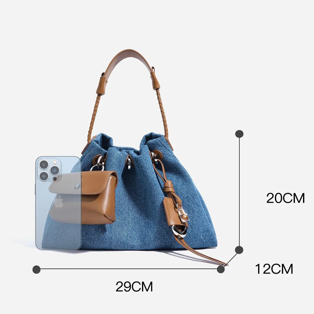 Blue denim bucket bag with brown leather handle, small pouch, and size dimensions 29x20x12cm.