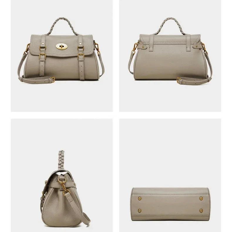 Taupe leather satchel handbag with top handle, gold hardware, adjustable strap, multiple views