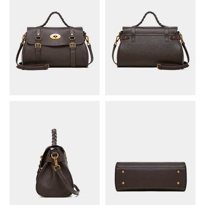 Dark brown leather handbag with gold hardware, braided handle, and detachable strap, shown from four angles.