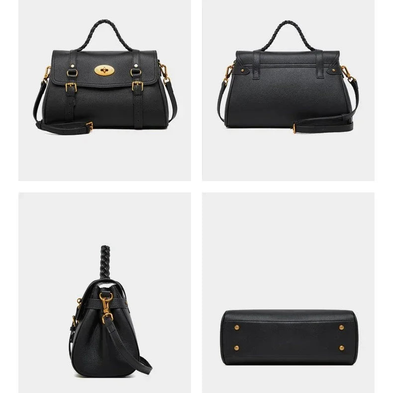 Black leather handbag with gold hardware, braided handle, and detachable strap, shown front, back, side, and bottom views.