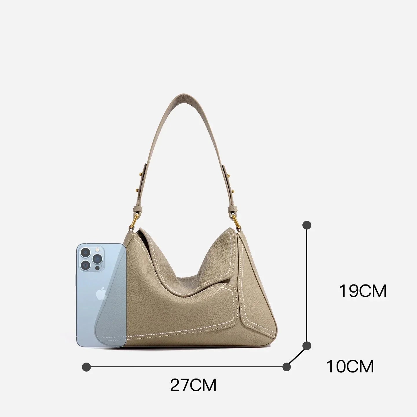 Beige leather handbag with short strap, iPhone for scale, dimensions 27x19x10cm