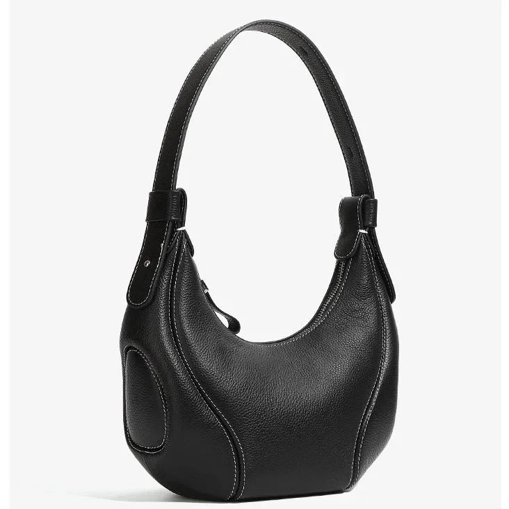 Black leather hobo shoulder bag with white stitching on a plain white background