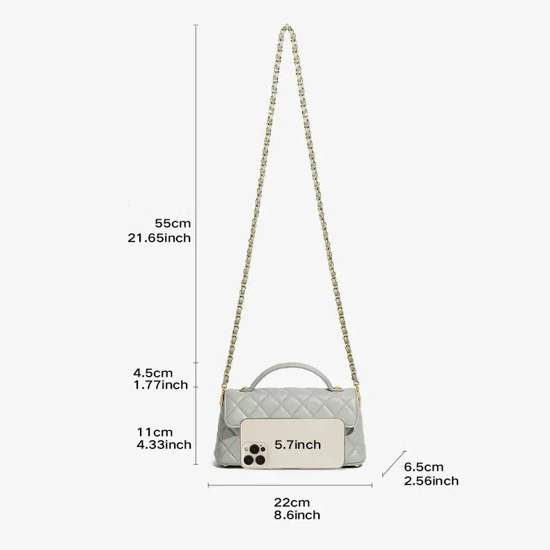 Light gray quilted handbag with gold chain strap, phone size comparison, and bag measurements.