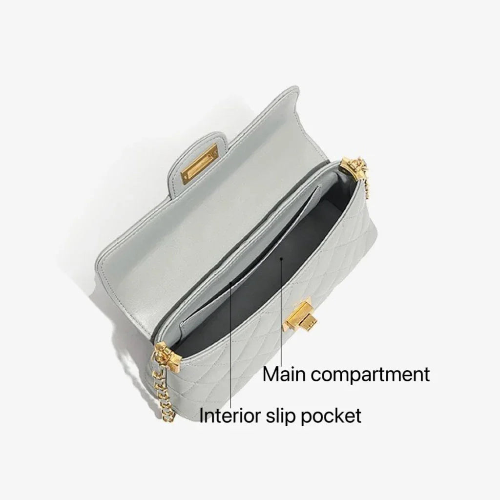 Quilted light gray handbag with gold chain strap, main compartment and interior slip pocket labeled.