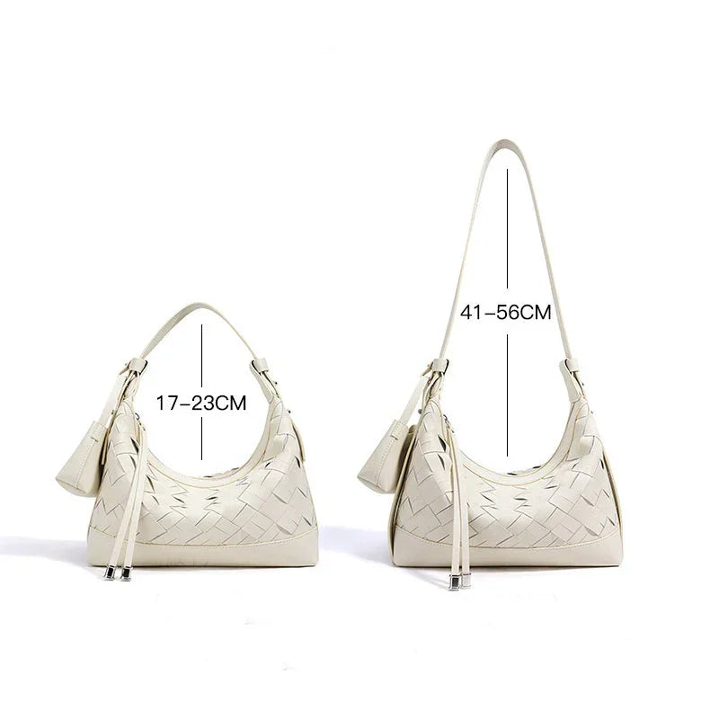 Two cream woven shoulder bags with adjustable straps, one 17–23cm and one 41–56cm tall.