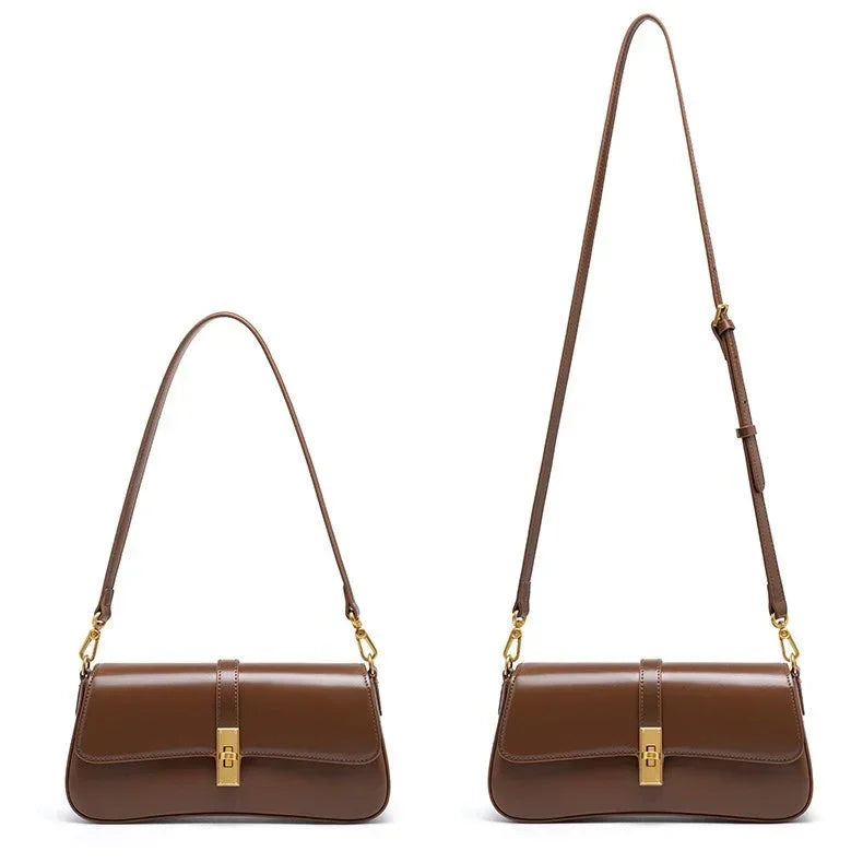 Two brown leather shoulder bags with gold clasps and adjustable straps on white background