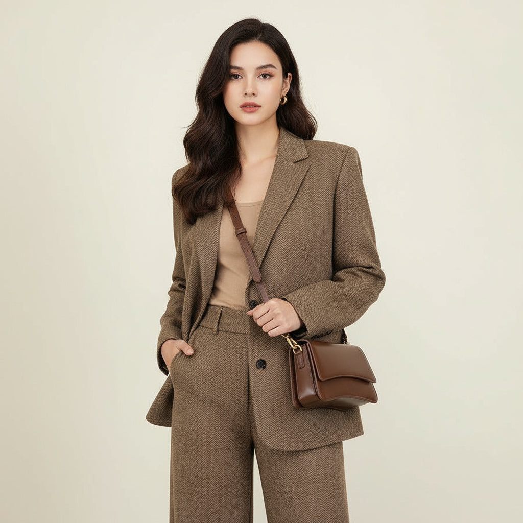 Brown leather shoulder bag with gold hardware worn over a brown herringbone blazer