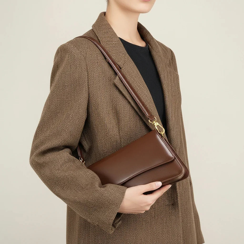Woman in brown herringbone blazer holding brown leather shoulder bag
