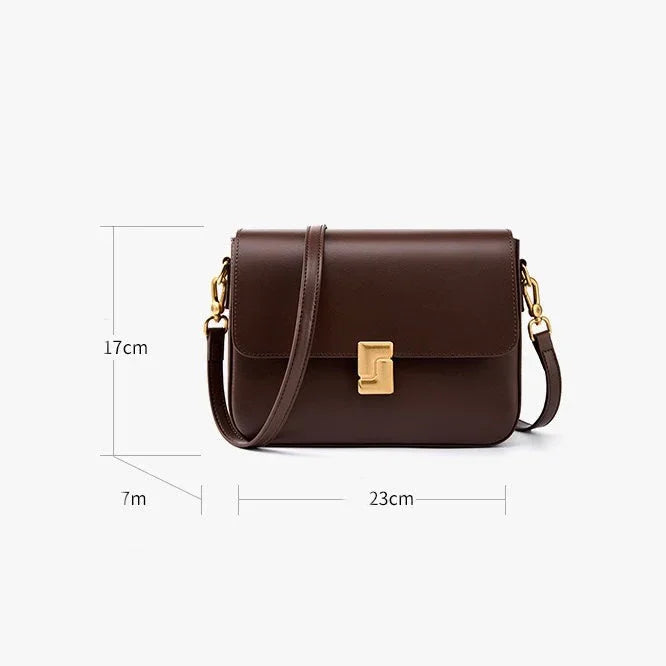 Brown leather shoulder bag with gold clasp, 23x17x7 cm, product dimensions shown