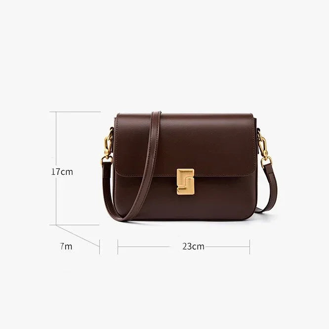 Brown leather shoulder bag with gold clasp, 23x17x7 cm, product dimensions shown