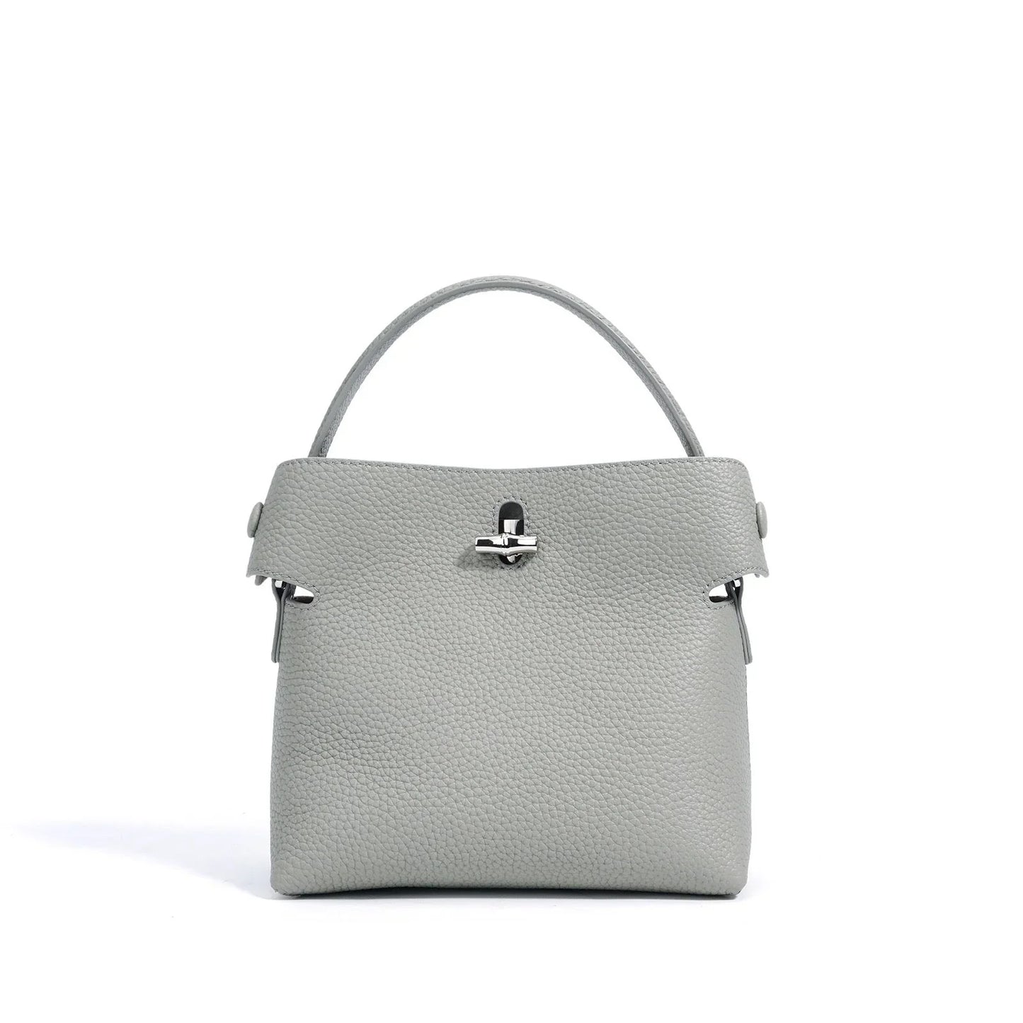 Gray leather handbag with top handle and silver clasp on white background