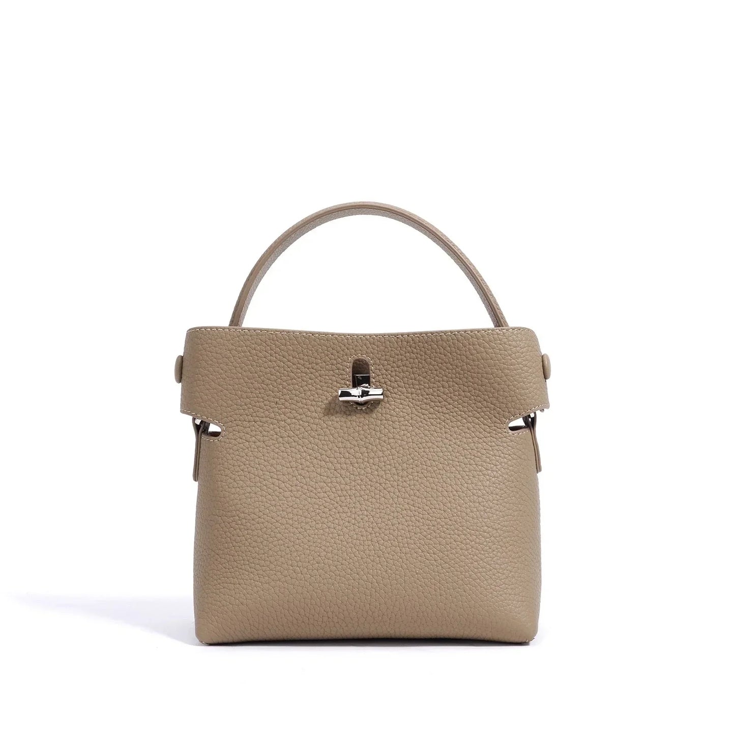 Taupe pebbled leather top handle handbag with silver hardware on white background