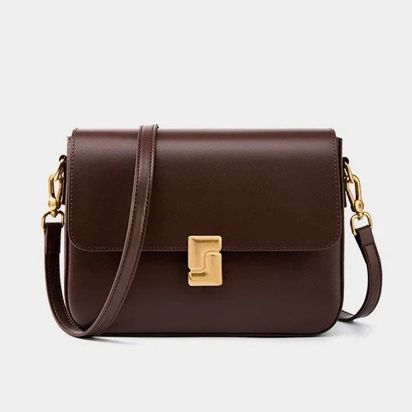 Brown leather crossbody bag with gold clasp and hardware on a plain background