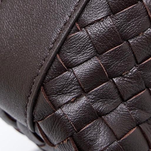 Close-up of dark brown woven leather handbag texture