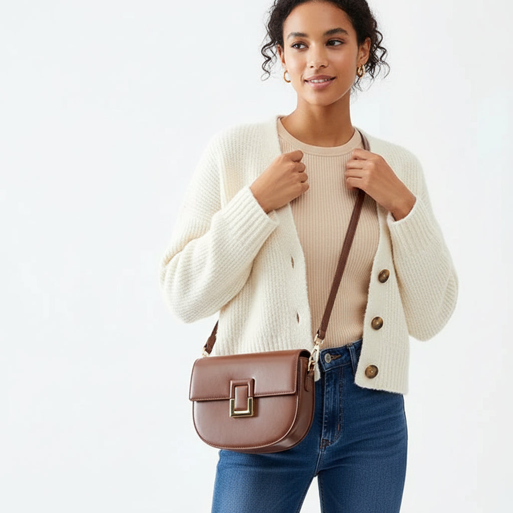 Woman holding brown leather crossbody bag with gold buckle, cream long sleeve top