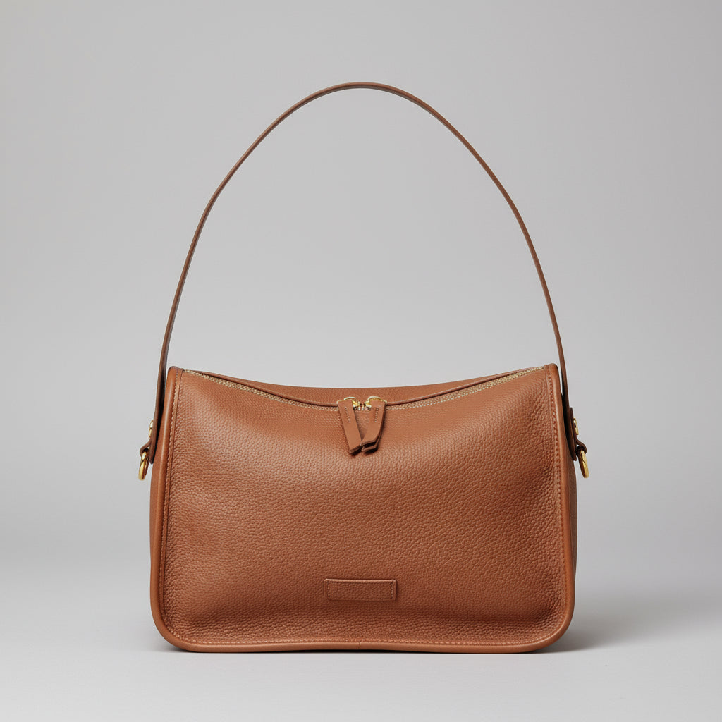 Brown leather shoulder bag with gold zipper on woven mat and wood background