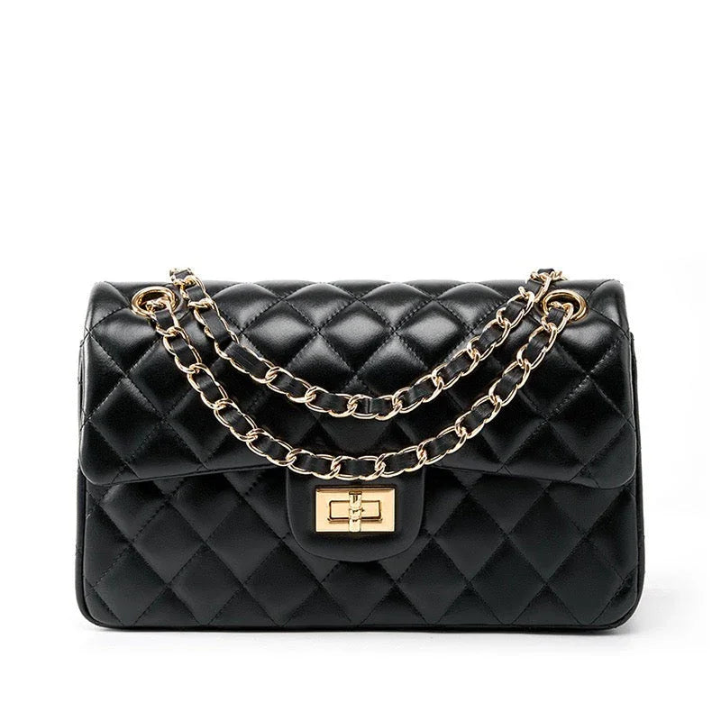 Black quilted leather handbag with gold chain strap and turn-lock closure