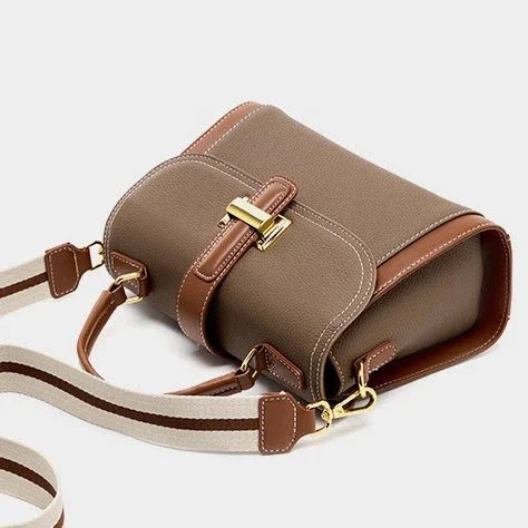 Taupe leather crossbody bag with brown trim and gold buckle on a striped strap
