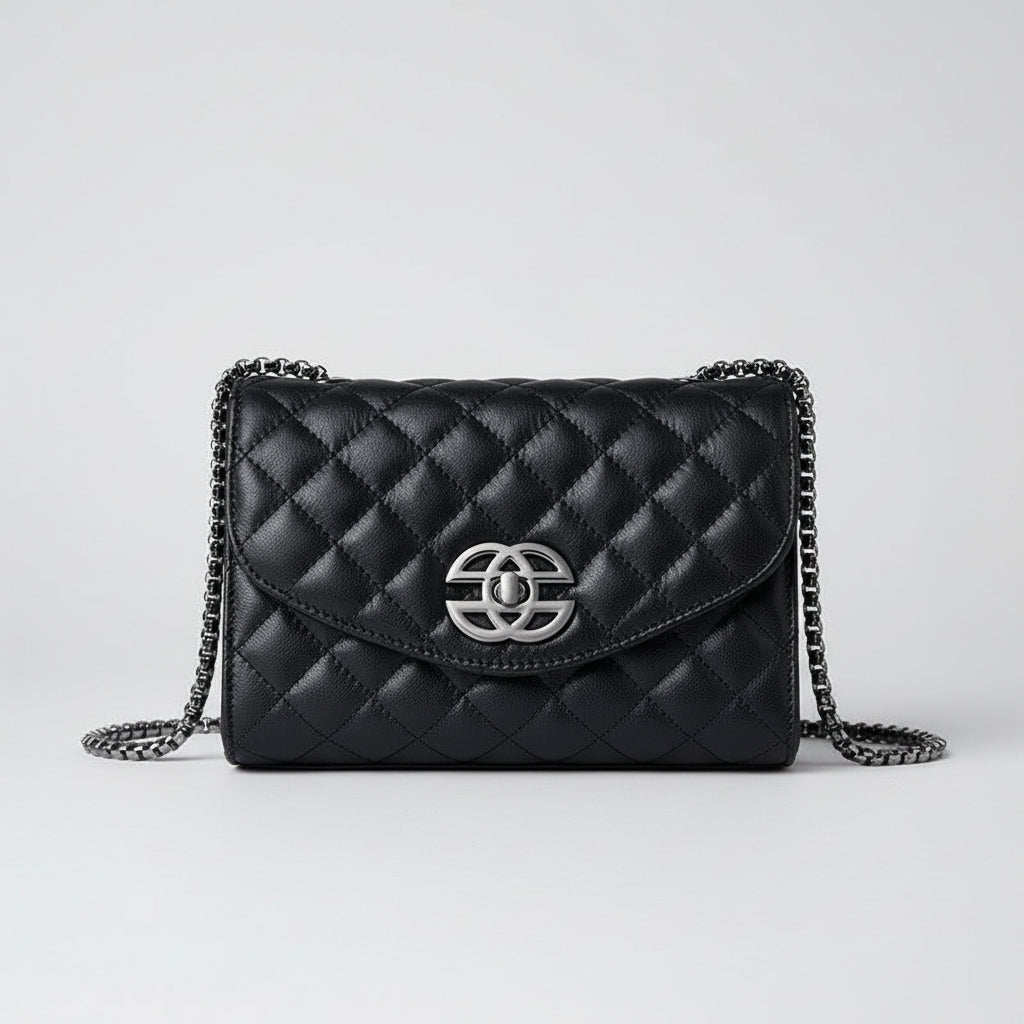 Black quilted leather shoulder bag with silver chain strap and metallic logo clasp