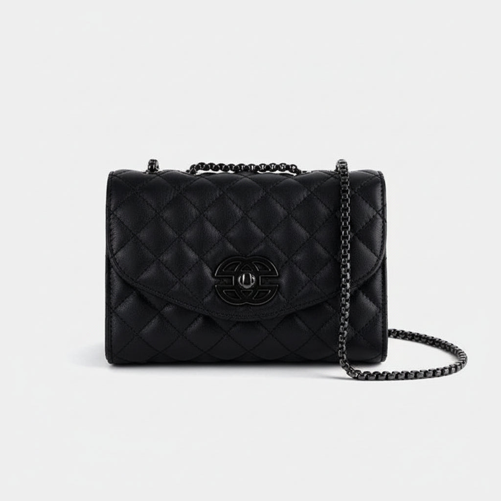 Black quilted leather shoulder bag with chain strap and metal logo on white background