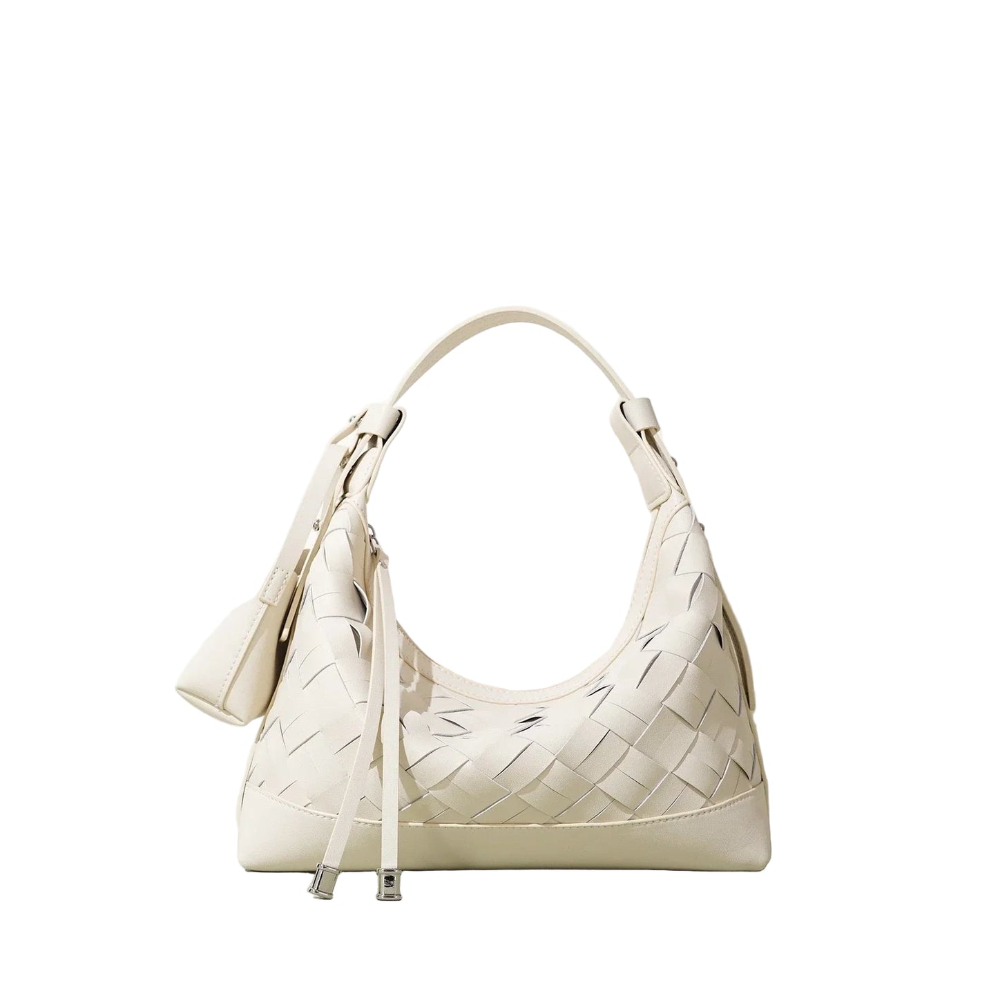 Ivory woven leather hobo bag with top handle, minimalist design on neutral background