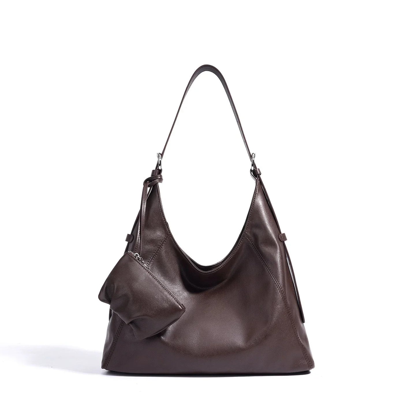 Brown leather shoulder bag with matching pouch, minimalist design, white background