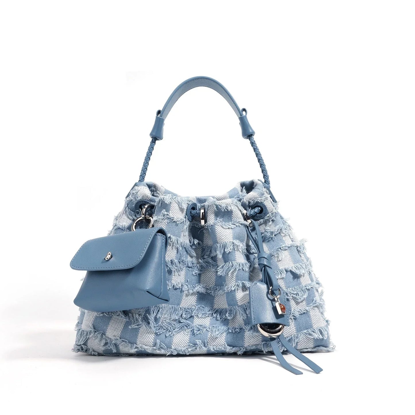 Light blue checkered fringe bucket bag with braided handle and leather pouch accent