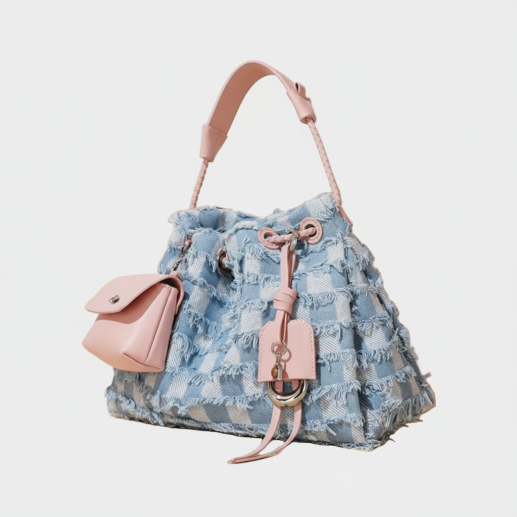 Chic blue denim bucket bag with pink leather handle and accents on beige background