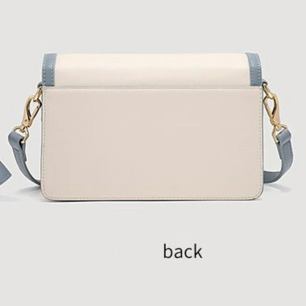 Back view of a cream and blue crossbody bag with gold hardware on a light background.