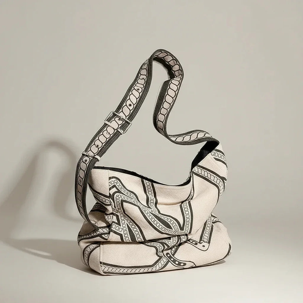 Patterned canvas shoulder bag with black and white chain design on a wooden cane chair