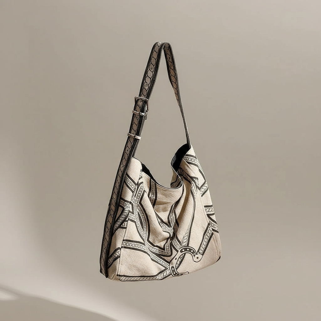 Beige canvas shoulder bag with black geometric pattern on a wooden chair