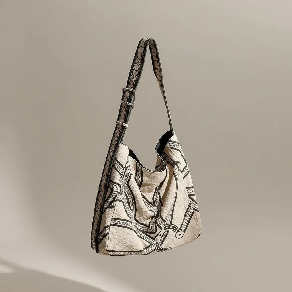 Beige canvas shoulder bag with black geometric pattern on a wooden chair