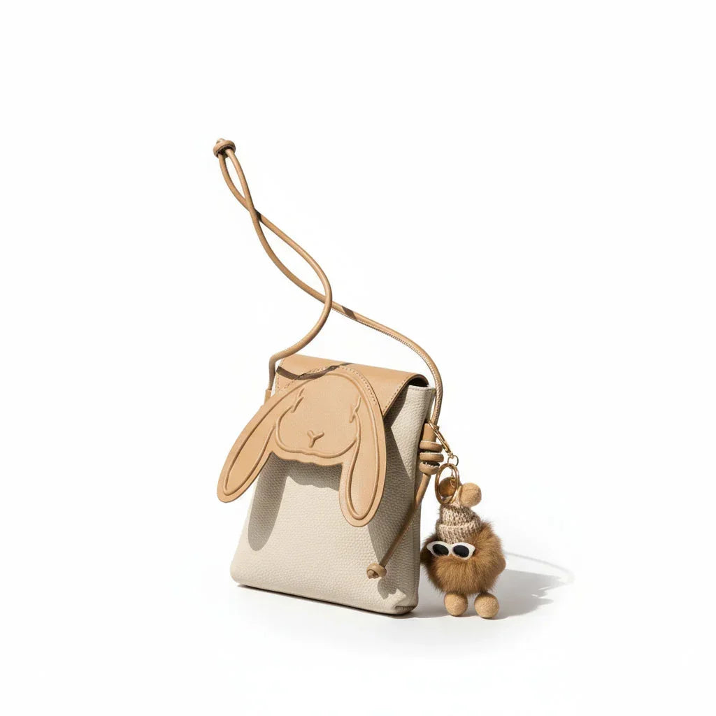 Beige bunny ear leather crossbody bag with furry keychain on white background