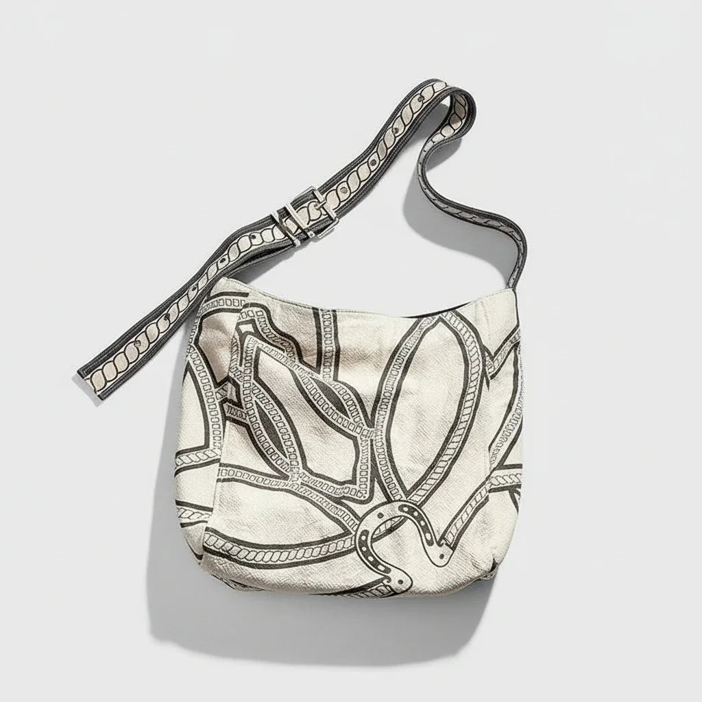 Beige shoulder bag with black and grey geometric line patterns on a tan background