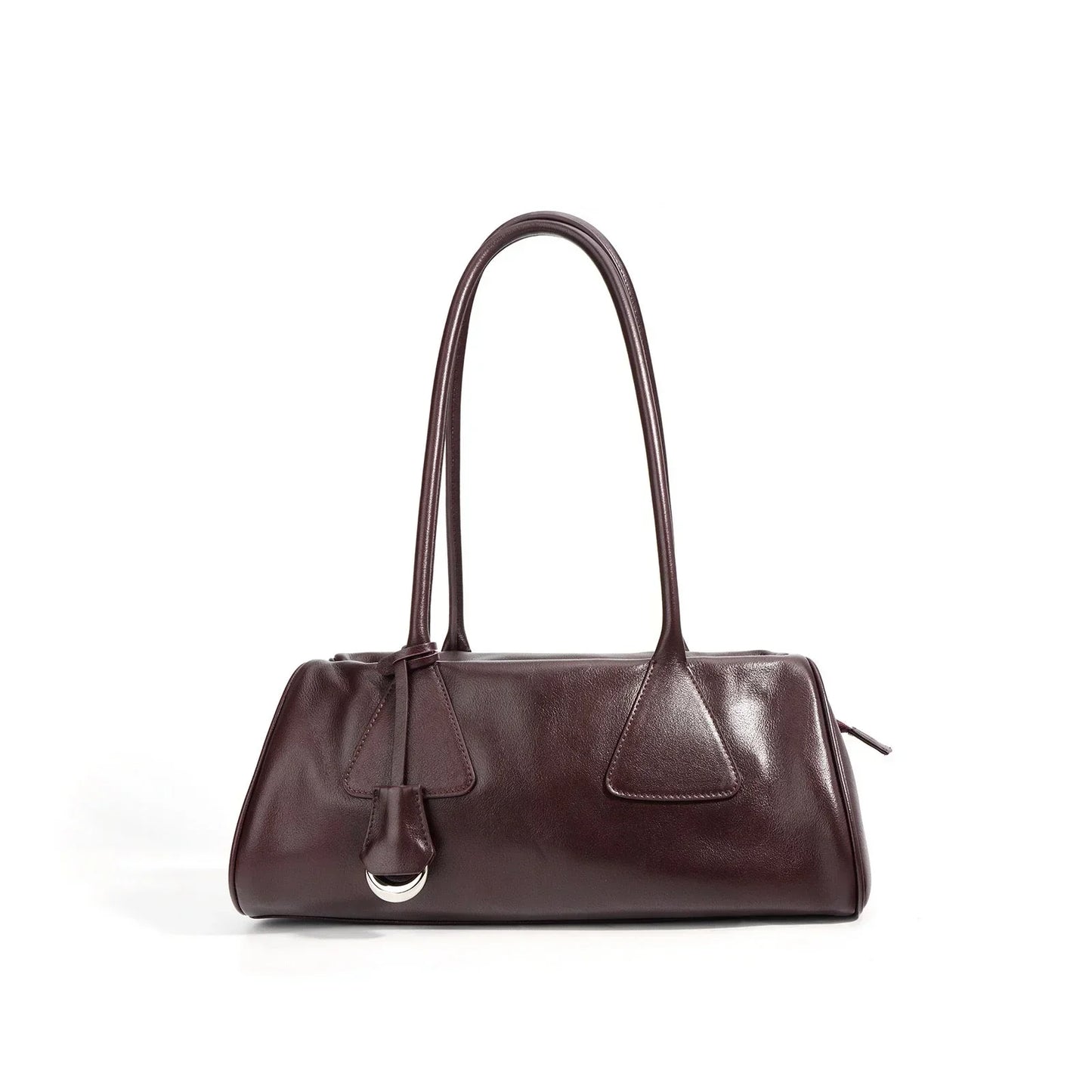Glossy brown leather shoulder bag with structured shape and silver ring detail on white background