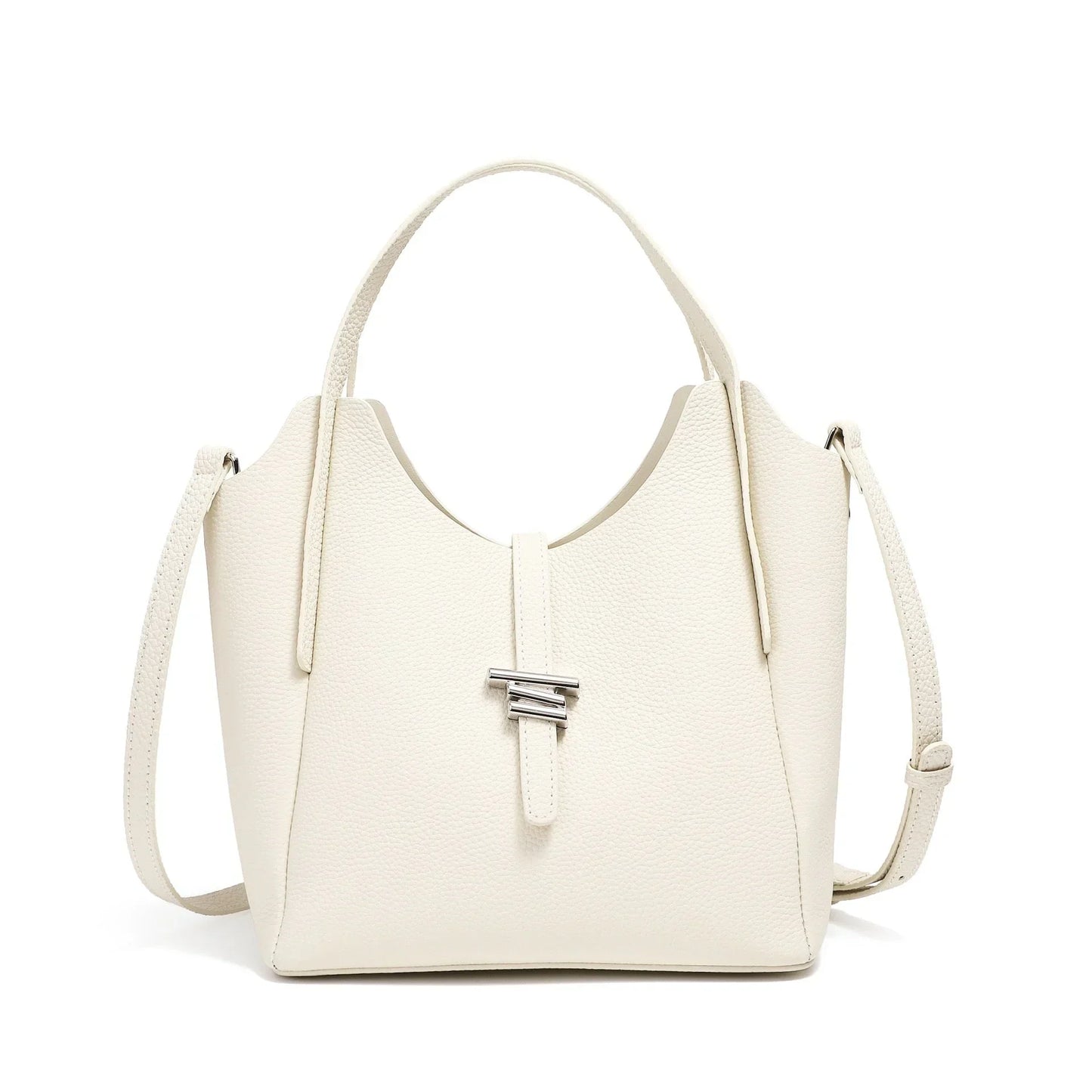 White leather bucket bag with top handle, shoulder strap, and silver buckle clasp