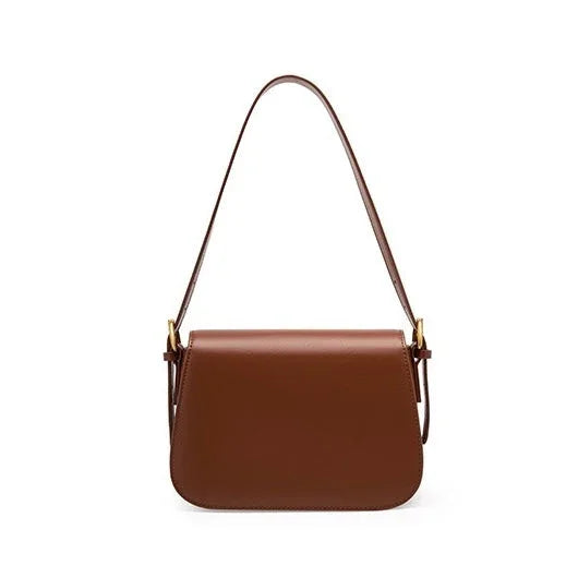 Brown leather shoulder bag with gold-tone hardware on white background