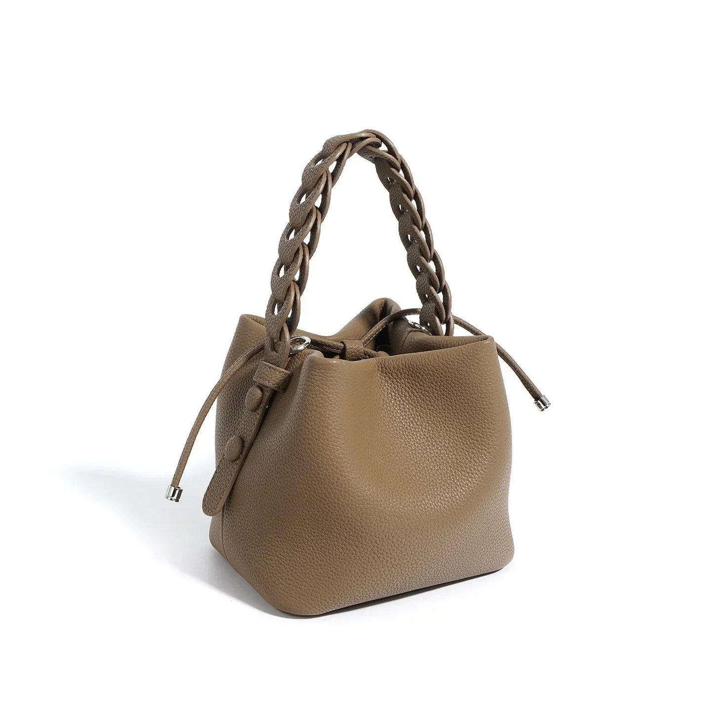 Taupe leather bucket bag with braided handle and drawstring closure on white background