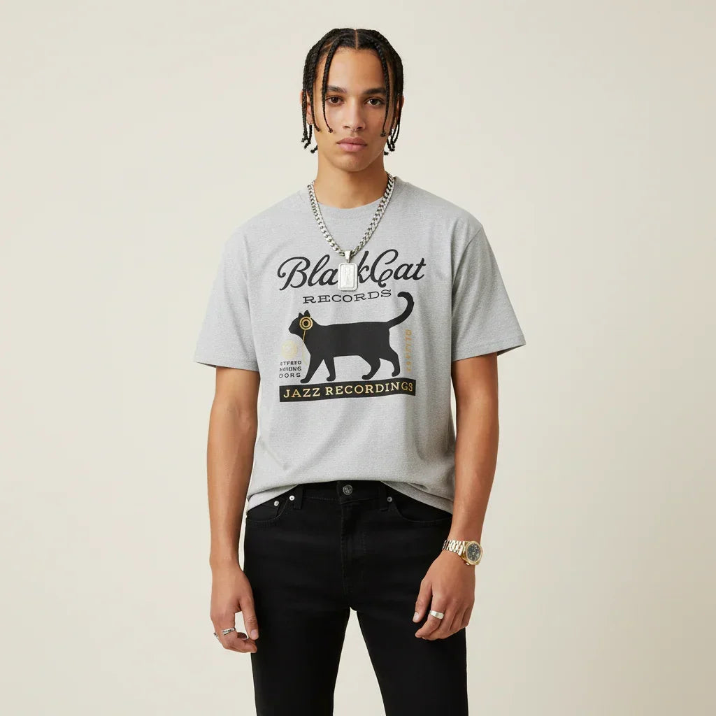 Japan T-Shirt Men’s Black Cat Records Jazz Printed Tee | Rebooters