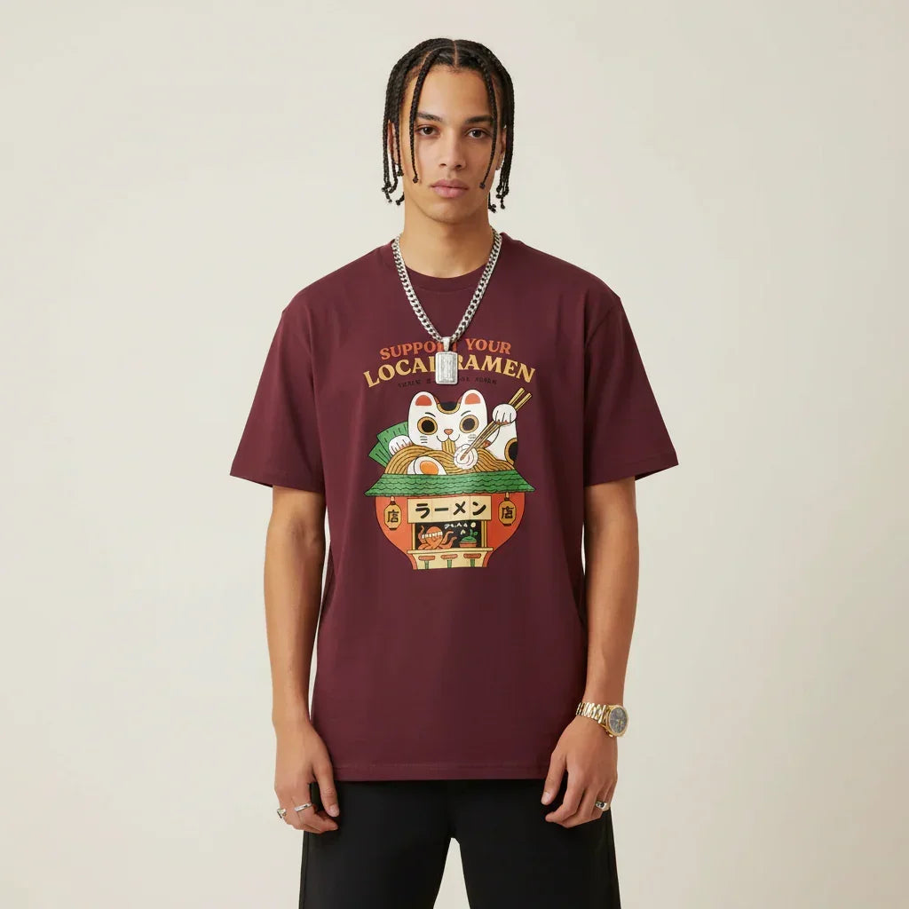 Japan T-Shirt Men’s Lucky Cat Ramen Shop Printed Tee | Rebooters