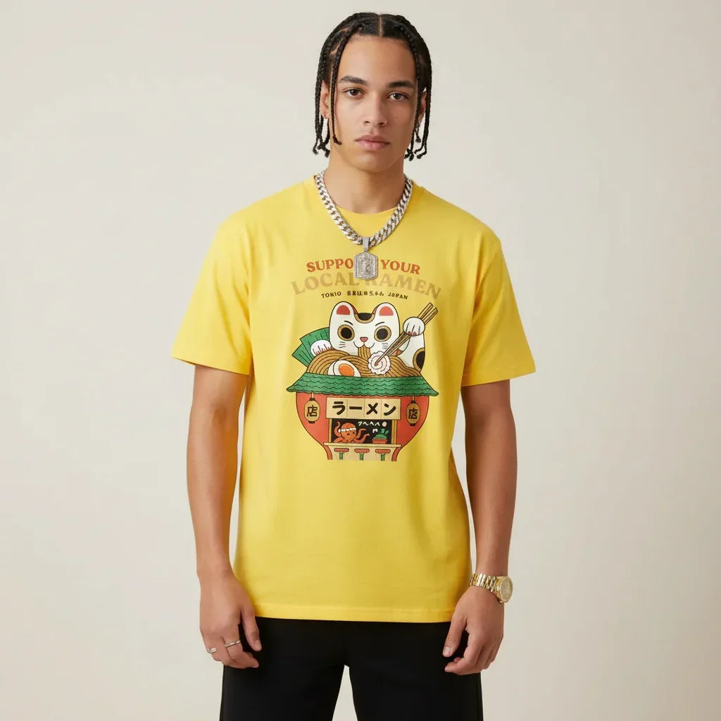 Japan T-Shirt Men’s Lucky Cat Ramen Shop Printed Tee | Rebooters