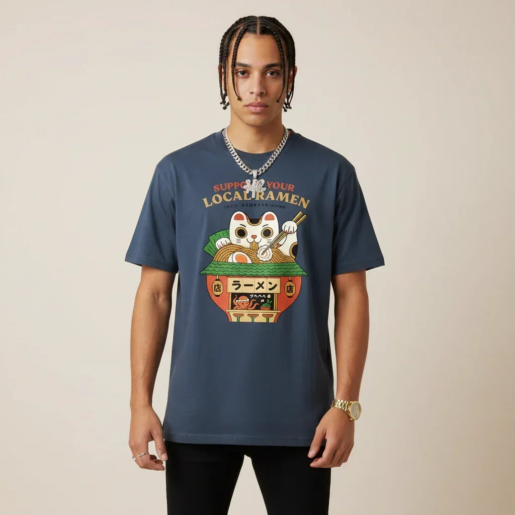 Japan T-Shirt Men’s Lucky Cat Ramen Shop Printed Tee | Rebooters