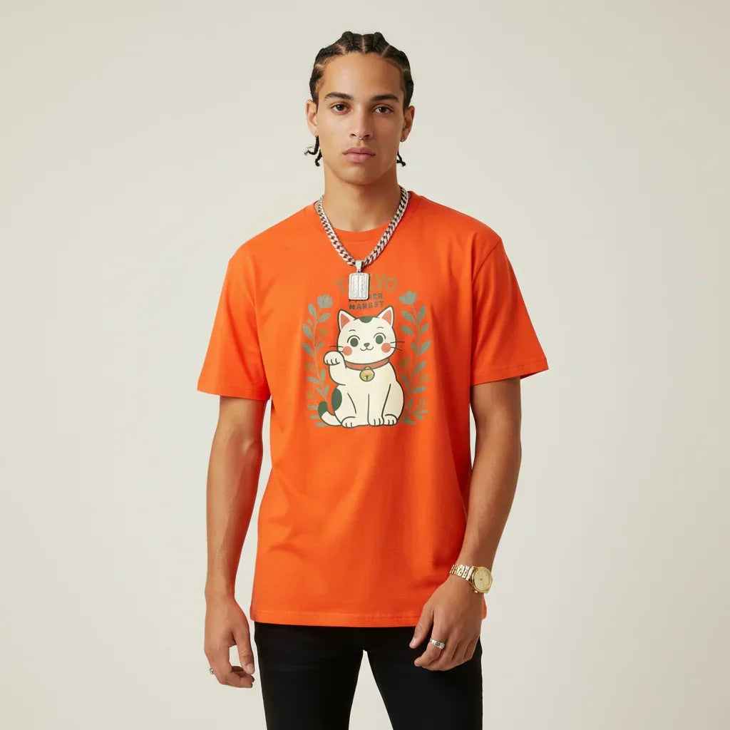 Japan T-Shirt Men’s Lucky Cat Tokyo Flower Market | Rebooters