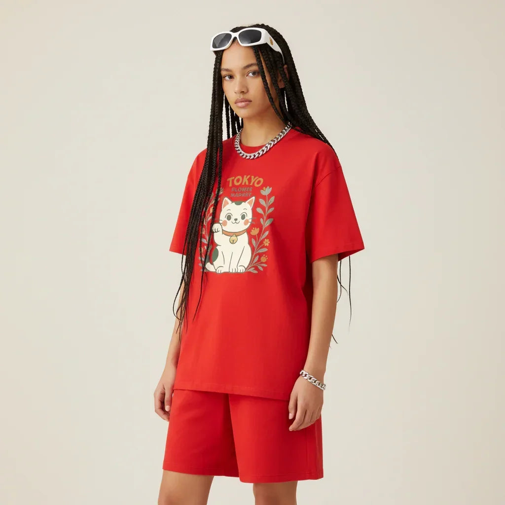 Japan T-Shirt Men’s Lucky Cat Tokyo Flower Market | Rebooters