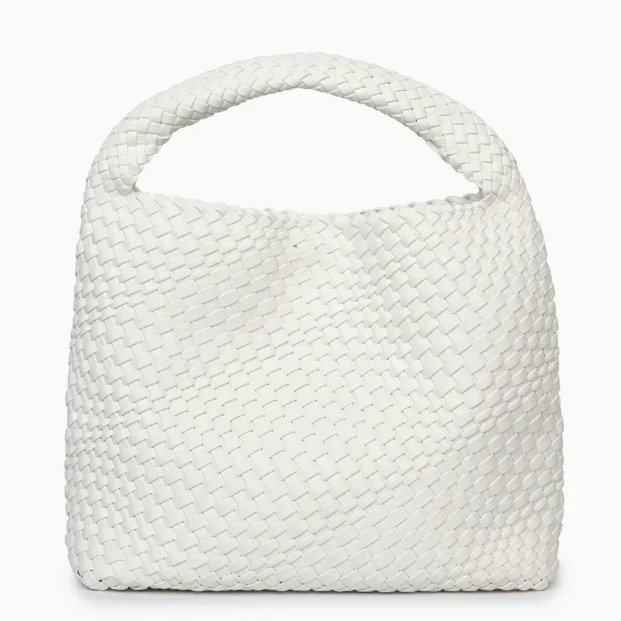 White woven hobo shoulder bag with single handle, minimalist modern design on white background