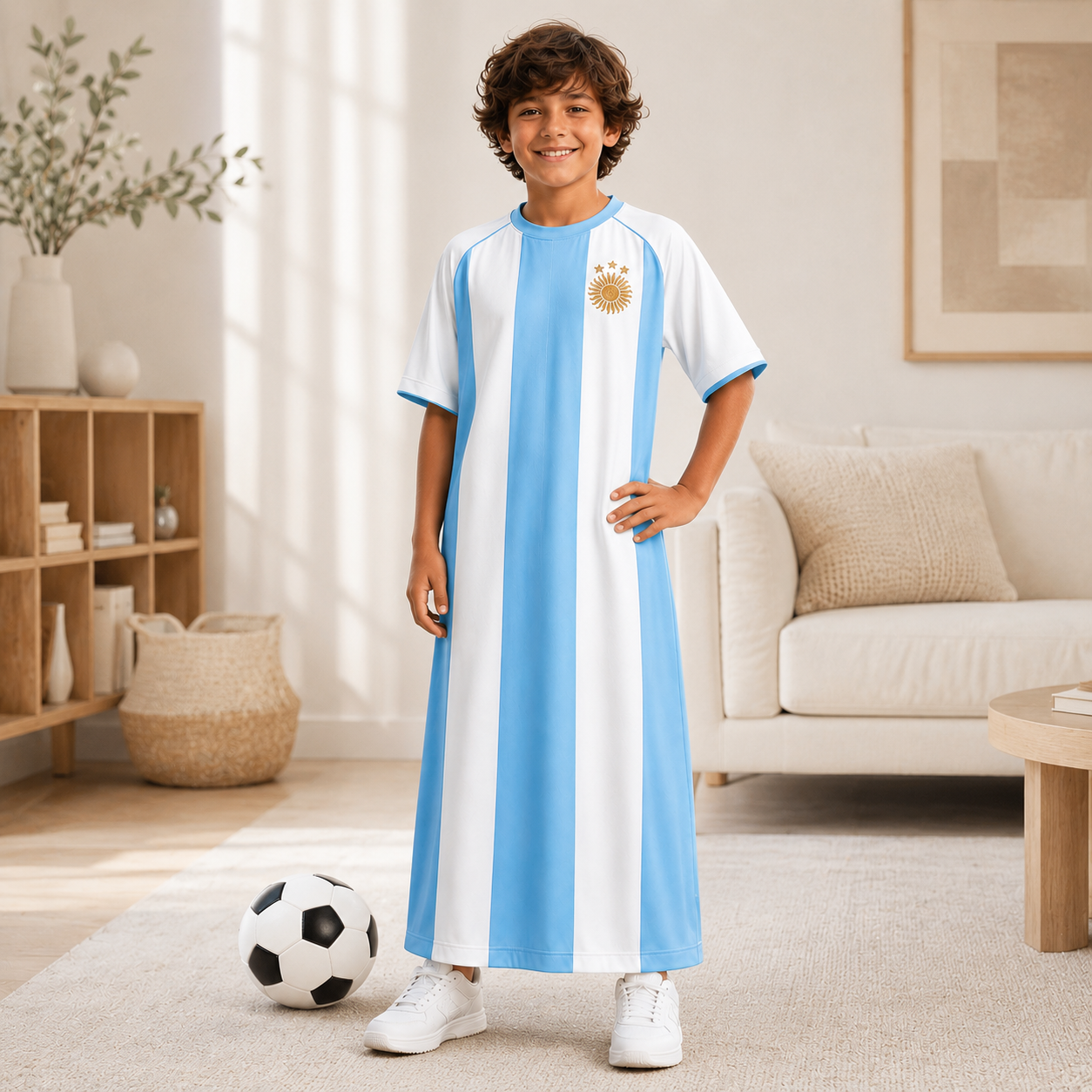 Child wearing a blue and white striped Argentine Kaftan Thobe dress in a living room.