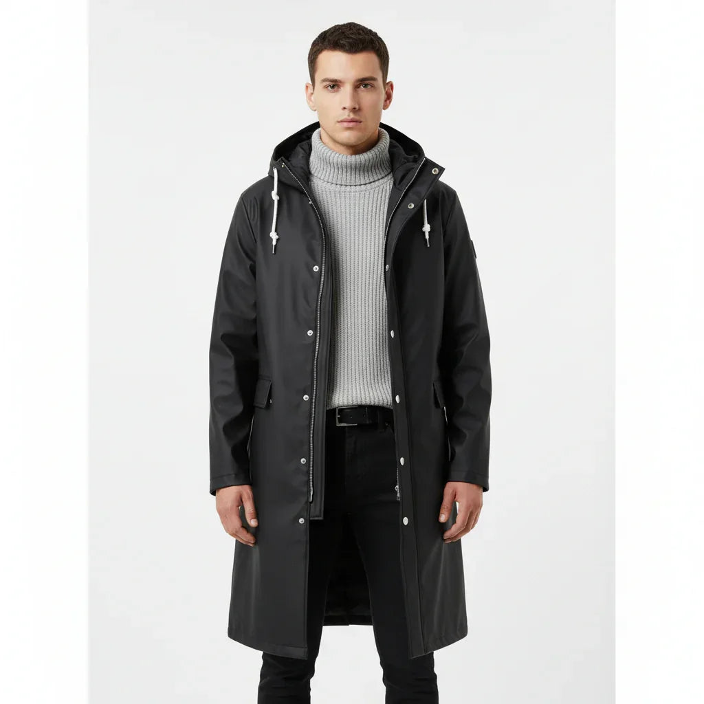 Men's Black Waterproof Autumn Winter Long Raincoat Jacket - Rebooters