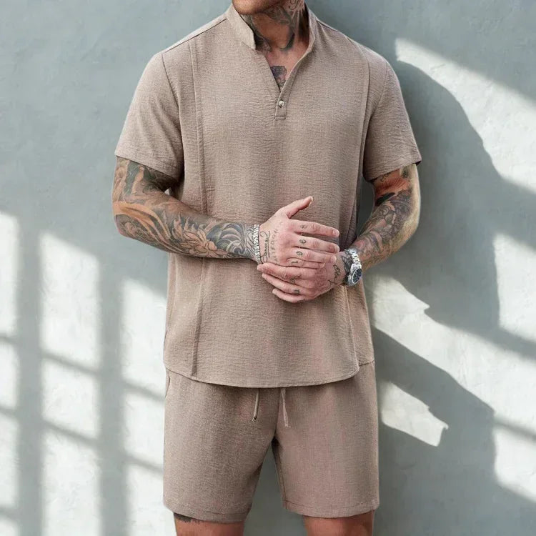 Men's Breathable Cotton Henley and Shorts Set for Casual Comfort Rebooters mens 2 piece set