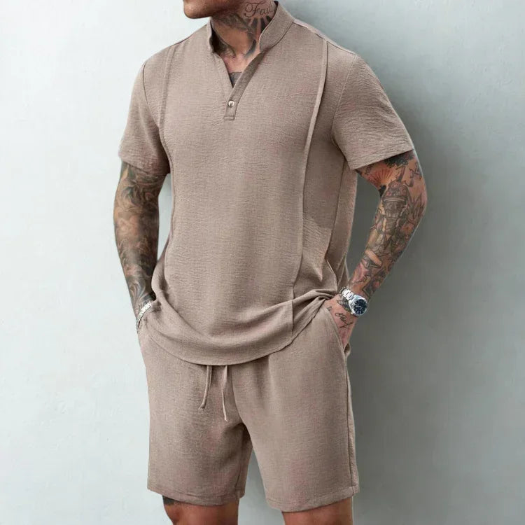 Men's Breathable Cotton Henley and Shorts Set for Casual Comfort Rebooters mens 2 piece set