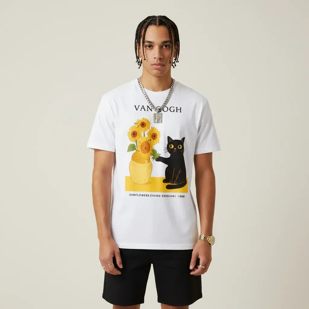 Men’s Van Gogh Cat Sunflowers Graphic Japan T-Shirt | Rebooters